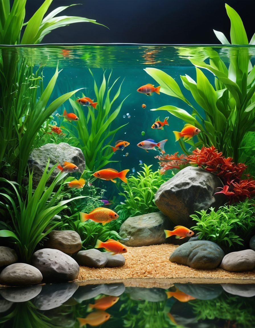 A beautifully arranged tropical aquarium showcasing a vibrant aquatic ecosystem. Include colorful tropical fish swimming among lush greenery, varied aquatic plants, and decorative stones. Highlight clear water reflecting natural light, creating a serene atmosphere. Add bubbles rising to the surface for extra detail, enhancing the liveliness of the scene. realistic illustration. vibrant colors. natural lighting.