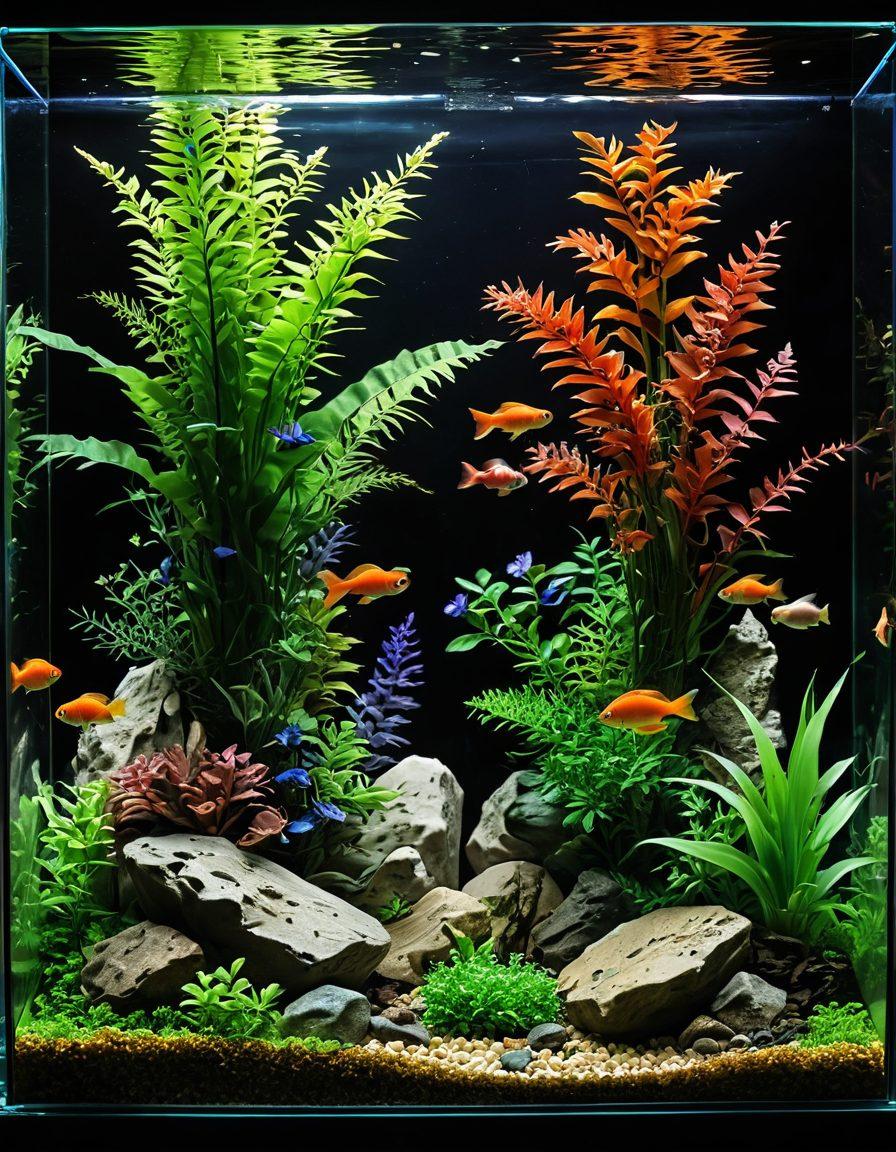 A beautifully arranged fish tank showcasing a diverse aquatic ecosystem, with vibrant fish swimming amidst lush green plants and decorative rocks. Include essential equipment like a filter and heater subtly integrated into the scene. The lighting should create a serene ambiance, highlighting the textures of the plants and the colors of the fish. Capture the essence of aquascaping artistry with intricate details. ultra-realistic. vibrant colors. 3D.
