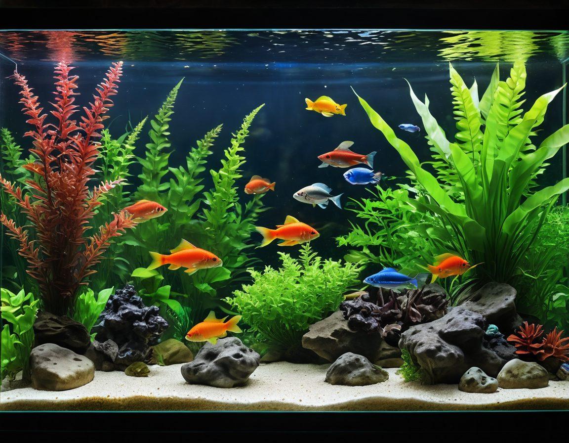 A serene aquarium scene showcasing vibrant, healthy fish swimming among lush aquatic plants and clear water. Include a digital display showing water parameters like pH and temperature. Sunlight filtering through water creates a peaceful ambiance, with colorful fish representing diverse species. Aquatic maintenance tools subtly placed in the foreground. super-realistic. vibrant colors. peaceful atmosphere.